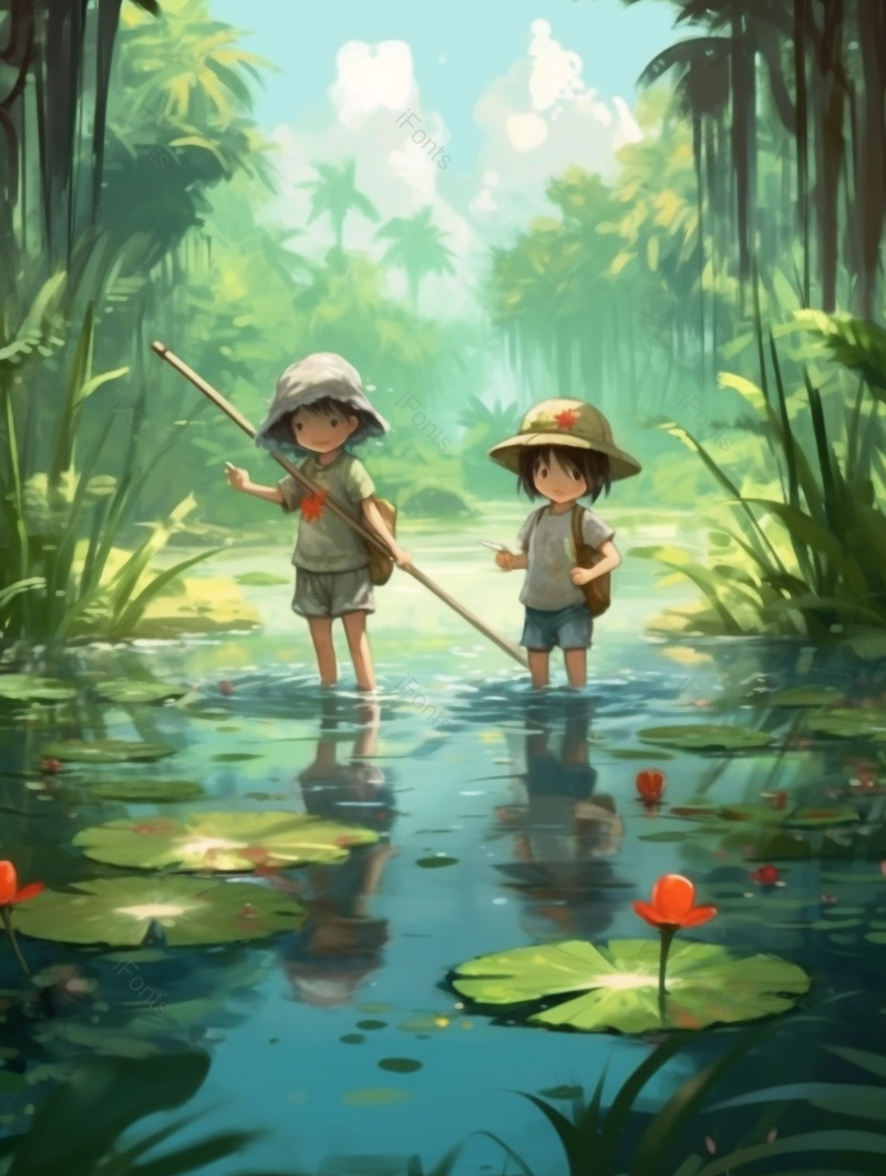 户外大自然河边捕鱼小朋友手绘插画图,插画/手绘图,插画/手绘图库,插画/手绘图下载,插画/手绘